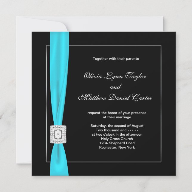 Invitation Mariage Noir Blanc Bleu Turquoise Bleu Turquoise N (Devant)