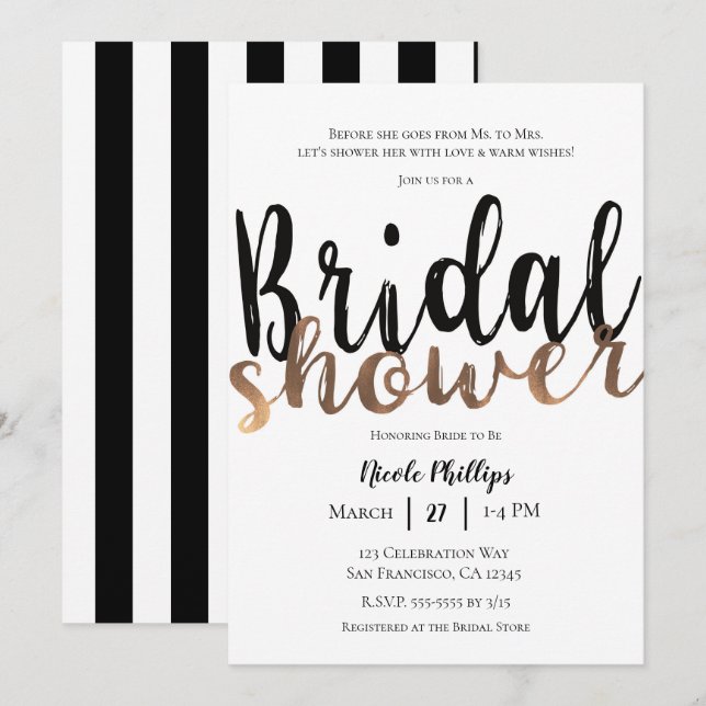 Invitation Mariage Noir Blanc Bronze Moderne Élégant Shower d (Devant / Derrière)