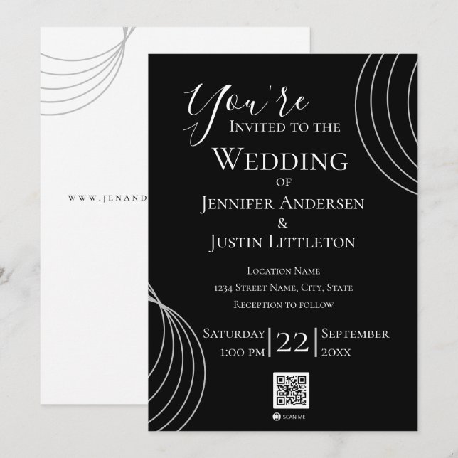 Invitation Mariage noir blanc du code QR (Devant / Derrière)