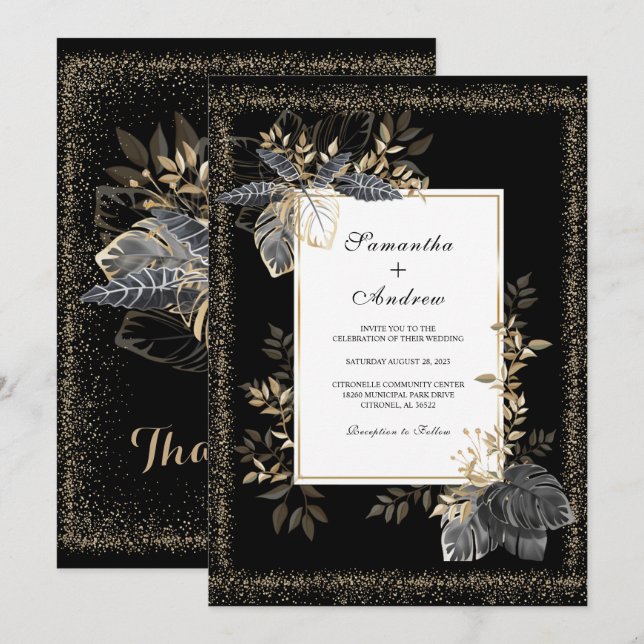 Invitation Mariage Noir Blanc Et Or (Devant / Derrière)