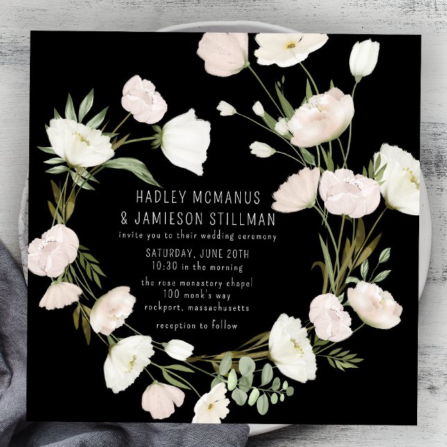 Invitation Mariage noir blanc Fleur sauvage lunaire (Créateur téléchargé)