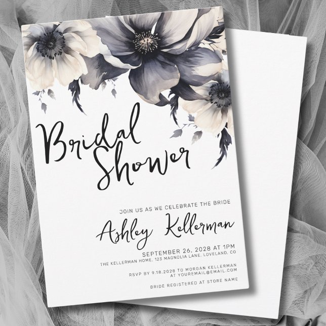 Invitation Mariage Noir Blanc Floral (Chic Elegant Floral Black White Bridal Shower Invitation)