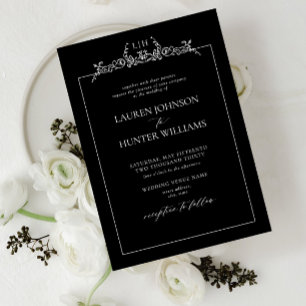 Invitation Mariage noir blanc floral bordure 
