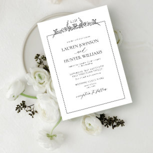 Invitation Mariage noir blanc floral bordure 
