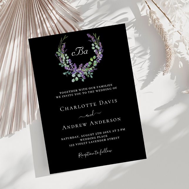 Invitation Mariage noir blanc lavande violet floraux (Créateur téléchargé)