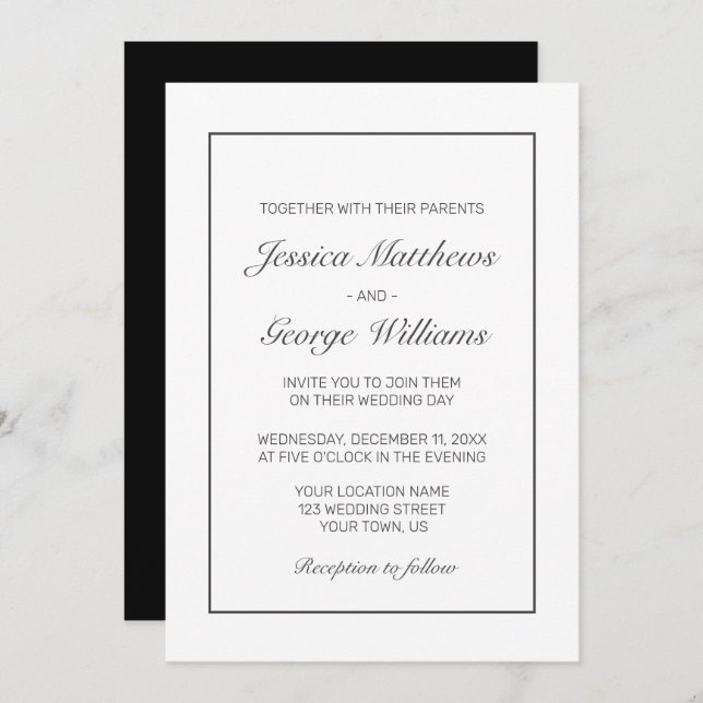 Invitation Mariage noir blanc minimaliste moderne (Devant / Derrière)
