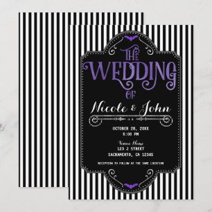 Invitation Mariage noir blanc rayures violet gothique chauve-