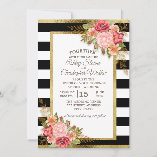 Invitation Mariage Noir Blanc Rose Rouge Floral Or (Devant)