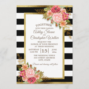Invitation Mariage Noir Blanc Rose Rouge Floral Or