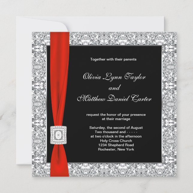 Invitation Mariage Noir Blanc Ruban Rouge (Devant)