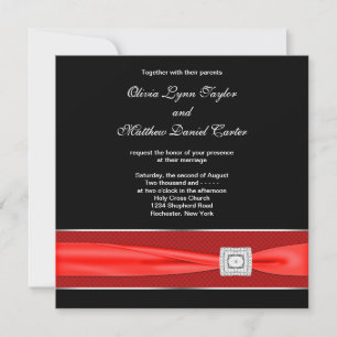 Invitation Mariage Noir Blanc Ruban Rouge Noir