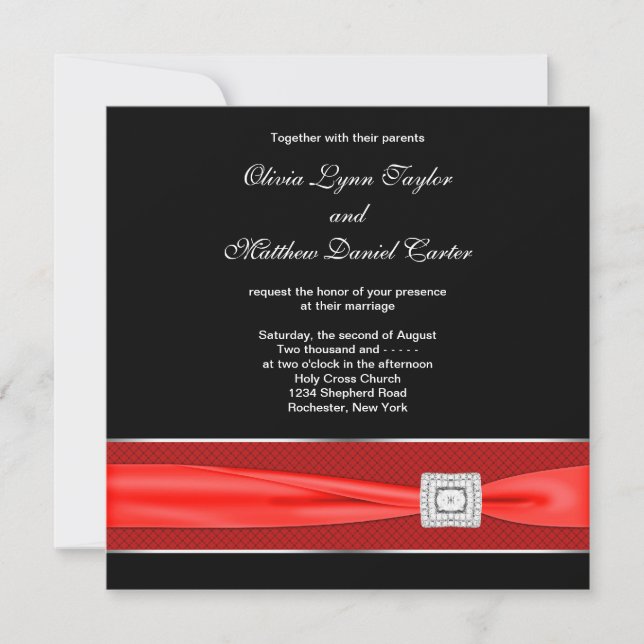 Invitation Mariage Noir Blanc Ruban Rouge Noir (Devant)
