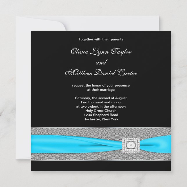 Invitation Mariage Noir Blanc Sarcelle Bleu Sarcelle Noir (Devant)