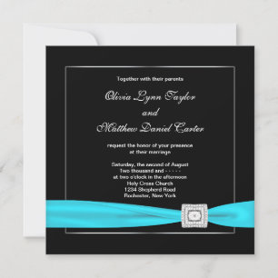Invitation Mariage noir blanc Turquoise d'argent