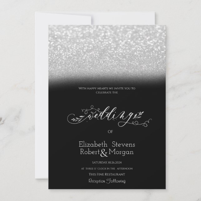Invitation  Mariage Noir Bokeh Paillettes Argentées Élégant  (Devant)