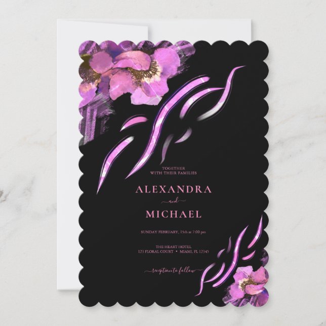 Invitation Mariage noir chic rose Iris (Devant)
