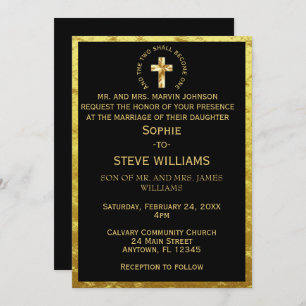 Invitation Mariage noir de la Croix chrétienne d'or tradition