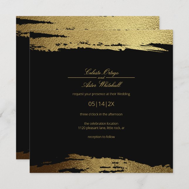 Invitation Mariage noir de peinture à l'huile Faux or moderne (Devant / Derrière)