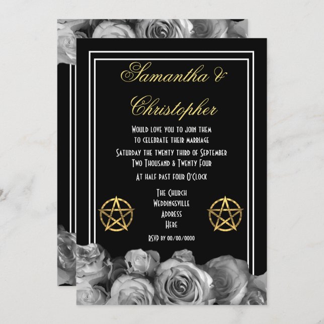 Invitation mariage noir de pentacle Wiccan (Devant / Derrière)
