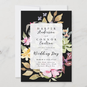Invitation Mariage noir Elegant Aquarelle Florals
