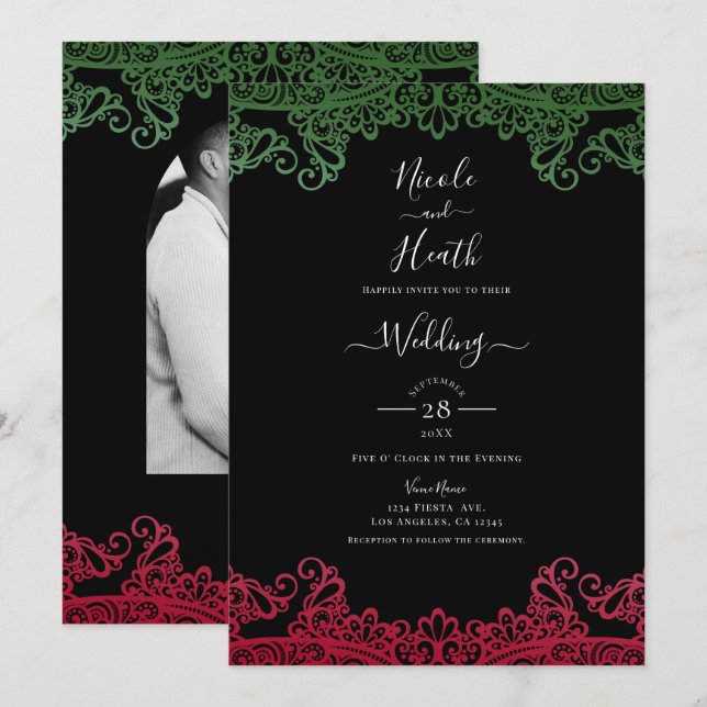 Invitation Mariage noir élégant Fiesta vert et rouge dentelle (Devant / Derrière)