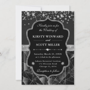 Invitation Mariage Noir et Argent Diamant Étincelant Glamour