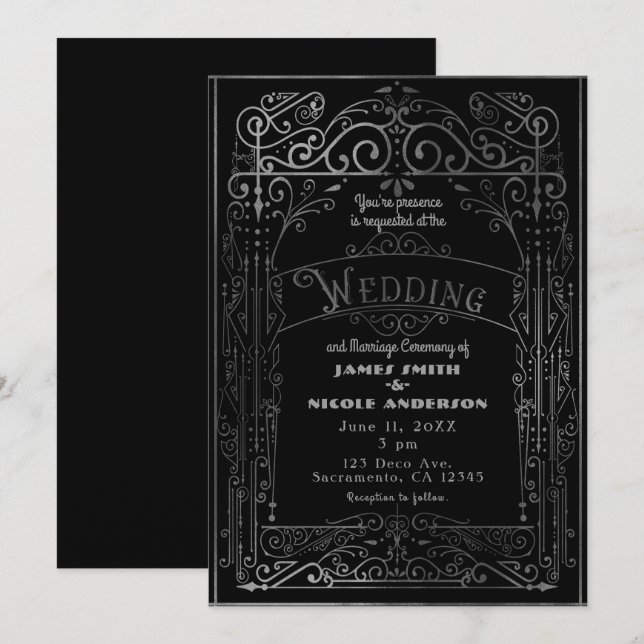 Invitation Mariage noir et argent style victorien rétro déco (Devant / Derrière)