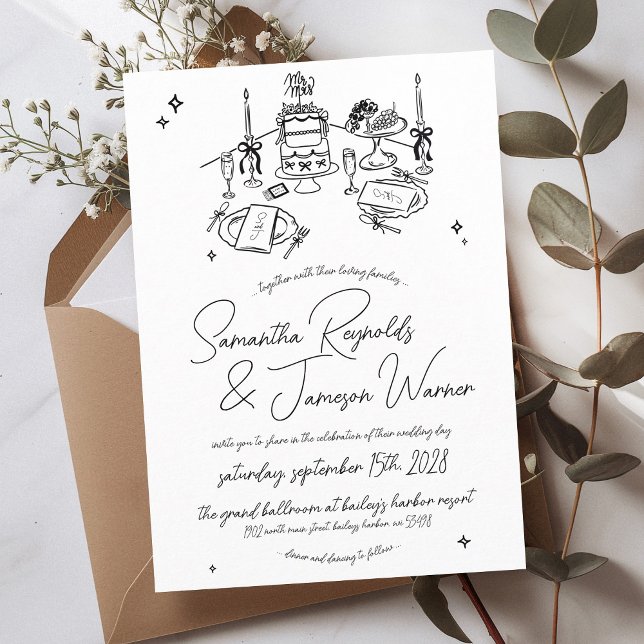 Invitation Mariage noir et blanc à main rétro (Fun retro hand drawn wedding table with cake candles and bows illustration handwritten wedding set)