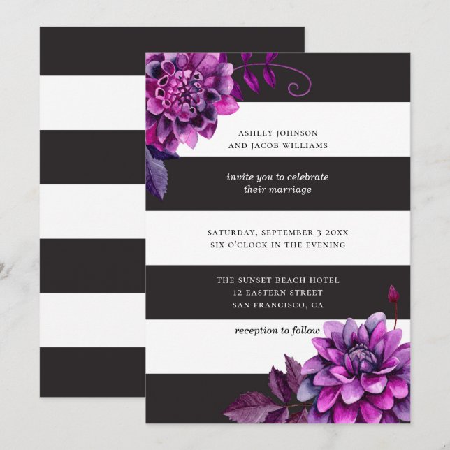 Invitation Mariage noir et blanc. Aquarelle violet fleuri (Devant / Derrière)