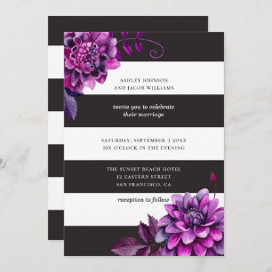 Invitation Mariage noir et blanc. Aquarelle violet fleuri