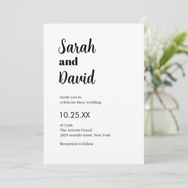 Invitation Mariage noir et blanc chic moderne délicat (Debout devant)