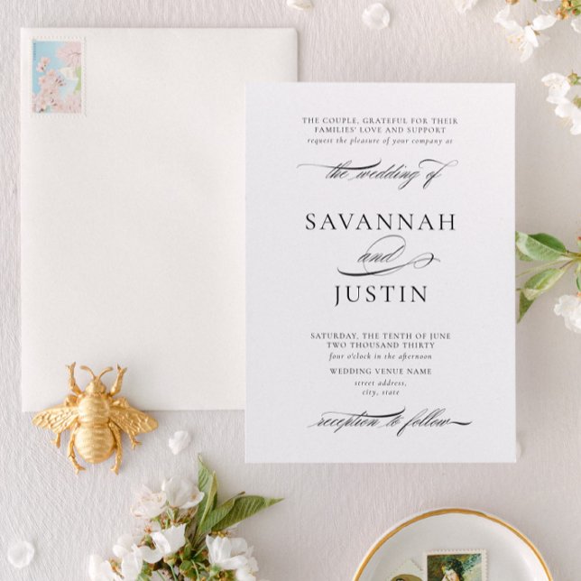 Invitation Mariage noir et blanc classique (Designed for weddings where the couple and their parents are hosting the event together)