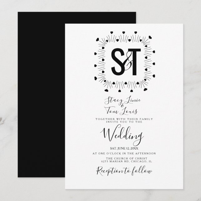 Invitation Mariage Noir et Blanc Coeurs Dessinés à la Main (Devant / Derrière)