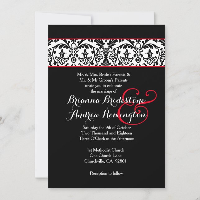 Invitation Mariage noir et blanc Damask Red Accents A09 (Devant)