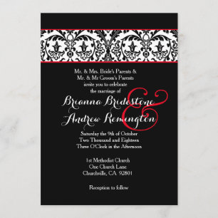 Invitation Mariage noir et blanc Damask Red Accents A09