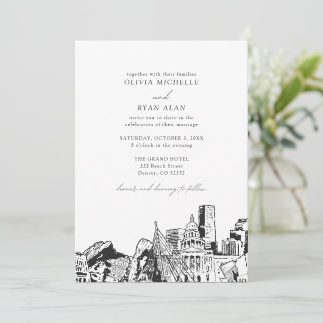 Invitation Mariage noir et blanc Denver Skyline moderne (Debout devant)