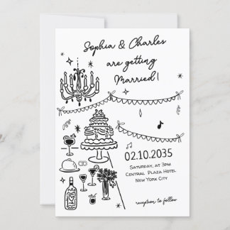 Invitation Mariage noir et blanc dessiné main lunaire