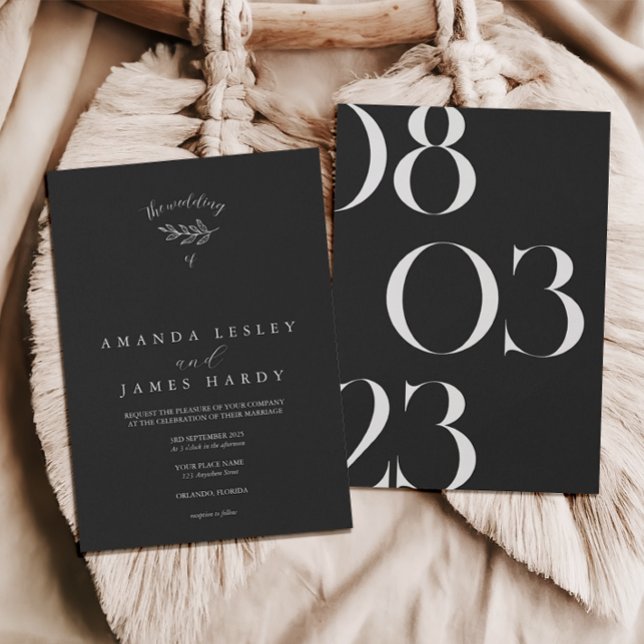 Invitation Mariage noir et blanc élégant minimaliste feuille (Créateur téléchargé)