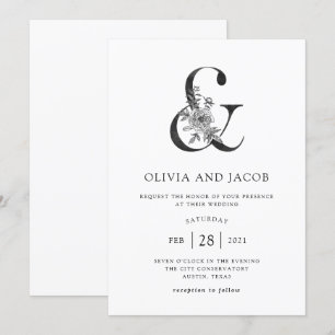Invitation Mariage   noir et blanc floral moderne