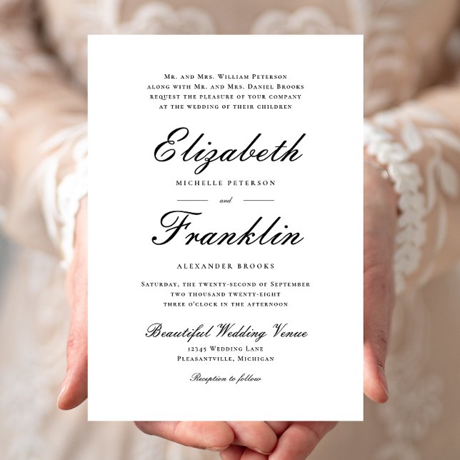 Invitation Mariage noir et blanc formel à l'écriture ornée (Créateur téléchargé)