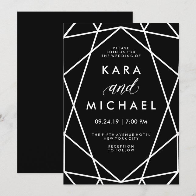 Invitation Mariage noir et blanc géométrique (Devant / Derrière)