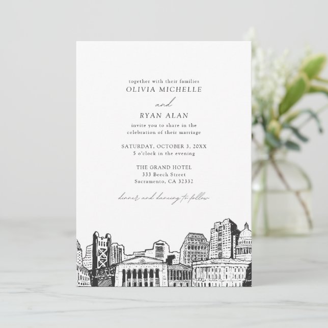 Invitation Mariage noir et blanc moderne Sacramento Skyline (Debout devant)