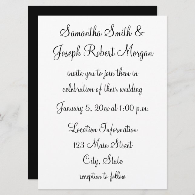 Invitation Mariage noir et blanc simple (Devant / Derrière)