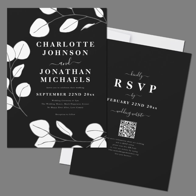 Invitation Mariage noir et blanc simple et élégant (Modern elegant minimalist leaf black and white wedding invitation with RSVP online website QR Code)