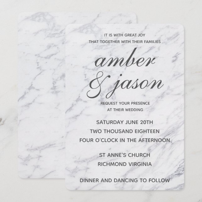 Invitation Mariage noir et Marbre blanc (Devant / Derrière)