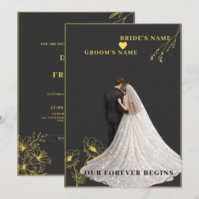 Invitation mariage noir et or (Devant / Derrière)