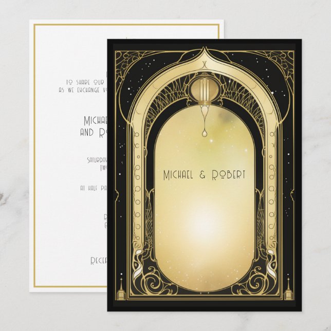 Invitation Mariage noir et or Art Déco formel  (Devant / Derrière)