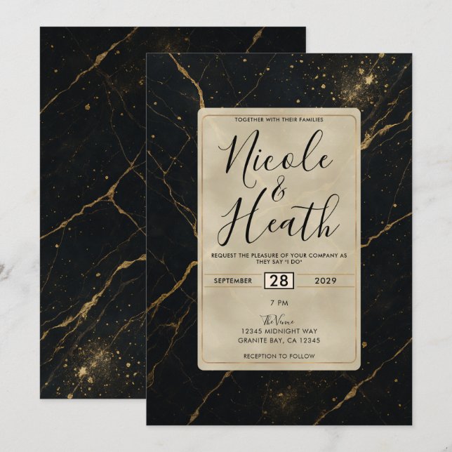 Invitation Mariage noir et or Marbre de minuit doré  (Devant / Derrière)
