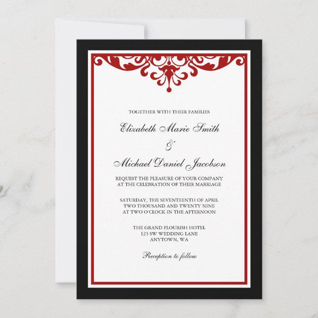 Invitation Mariage noir et rouge de Flourish (Devant)
