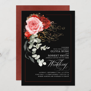 Invitation Mariage noir Eucalyptus rouge Bourgogne